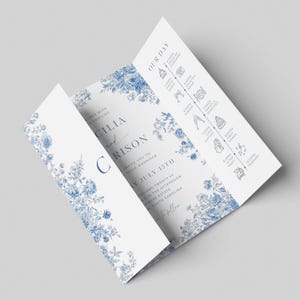 Dusty Blue Gatefold Invitation | Toile de Jouy Gatefold Wedding Invite | Vintage Chinoiserie Trifold Wedding Card | Printable Template | C1 image 4