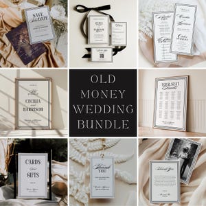 Old money wedding bundle featuring editable printable Canva templates for invitations, signs, programs, menus, table numbers, favor tags, welcome signs, seating charts, RSVP, details card, and thank-you card. Classic vintage-inspired layout with elegant typography in a timeless neutral palette.
