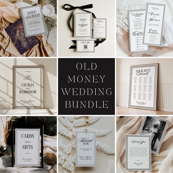 Old Money Wedding Bundle | Classic Invitation Set | Luxury Vintage Reception Signs & Stationery Suite | Printable Canva Templates | C21