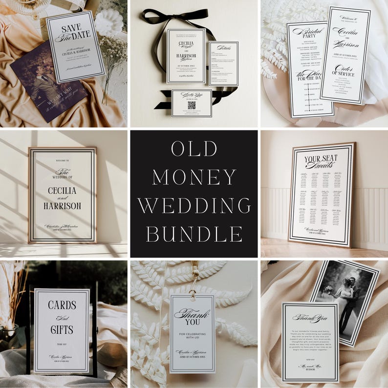 Old money wedding bundle featuring editable printable Canva templates for invitations, signs, programs, menus, table numbers, favor tags, welcome signs, seating charts, RSVP, details card, and thank-you card. Classic vintage-inspired layout with elegant typography in a timeless neutral palette.