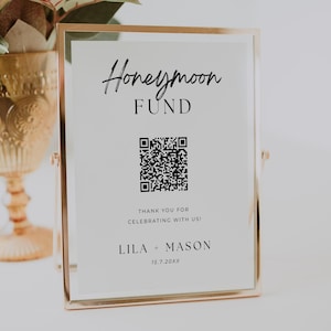 Minimalist Honeymoon Fund Sign with QR Code, Modern Wedding Tip Jar Template, Editable Reception Signage, Printable Cash Gift Sign, L01