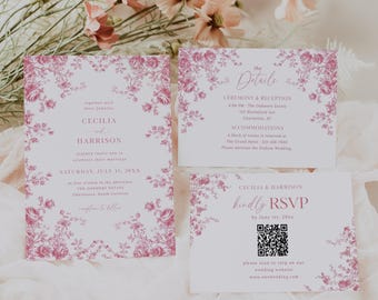 Roze toile-huwelijksuitnodigingssuite, vintage Franse bloemenuitnodigingsset met QR-code RSVP en kaart met details, afdrukbare sjabloon chinoiserie, C13