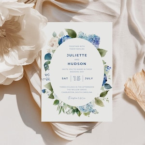 Invitación de boda con hortensias azules, plantilla de invitación con flores en azul polvoriento, papelería de boda imprimible, tarjeta de boda de primavera editable, J01