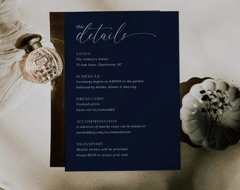 Marine-Blau-Hochzeits-Detail-Karte | Elegante Minimal Details einsetzen | Moderne marineblaue Hochzeits-Entwurfstür | Druckbare Canva Vorlage | C7