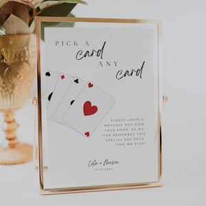 Letrero para libro de visitas con naipes, elige una carta, cualquier carta, plantilla editable para libro de visitas, firma nuestro libro de visitas imprimible, L01