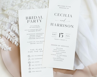 May include: Two elegant wedding programs with black text on a white background. One program reads "Bridal Party" and lists names. The other says "Welcome to the Wedding of Cecilia and Harrison" with the date and order of service.
