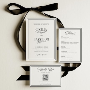 Old money wedding bundle featuring editable printable Canva templates for invitations, signs, programs, menus, table numbers, favor tags, welcome signs, seating charts, RSVP, details card, and thank-you card. Classic vintage-inspired layout with elegant typography in a timeless neutral palette.