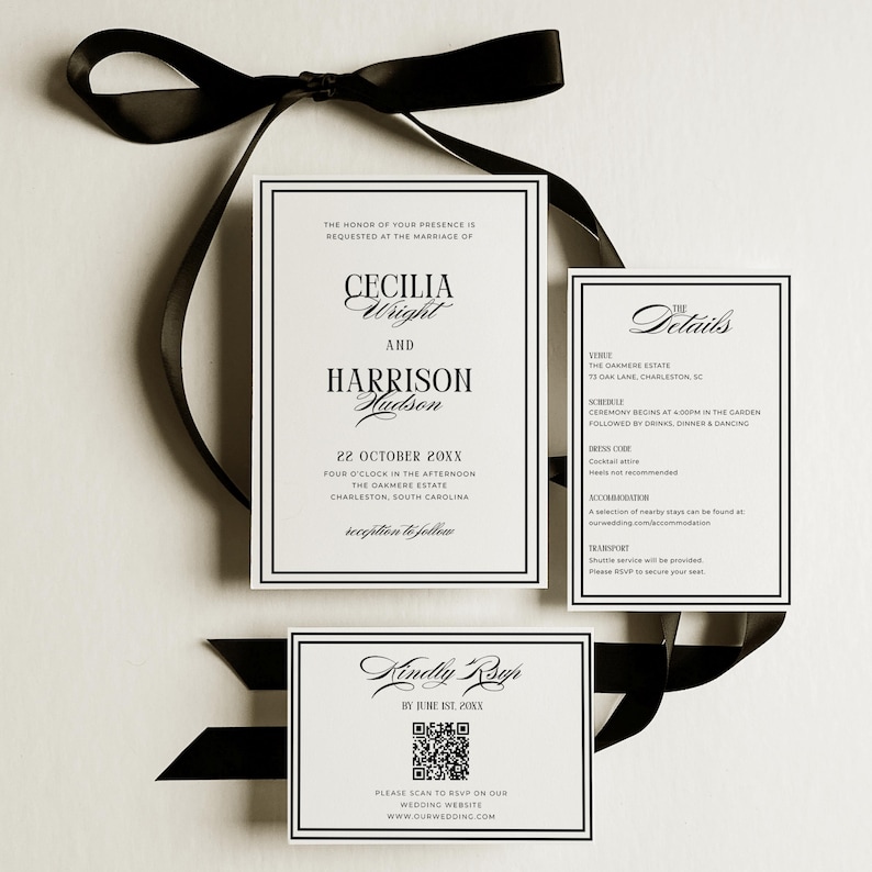 Old money wedding bundle featuring editable printable Canva templates for invitations, signs, programs, menus, table numbers, favor tags, welcome signs, seating charts, RSVP, details card, and thank-you card. Classic vintage-inspired layout with elegant typography in a timeless neutral palette.