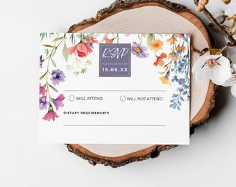 Wildflower RSVP Card, Editable Boho Wedding Invitation Insert, Floral Response Card, Printable Wedding Details Template, WC01