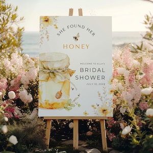 She Found Her Honey ブライダルシャワー ウェルカムサイン、編集可能な蜂をテーマにしたウェディングポスターテンプレート、花嫁から蜂へのデコレーション、即時ダウンロード、HB01