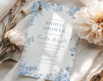 Toile Bridal Shower Invitation Template, Dusty Blue Chinoiserie Invite, Traditional Rose Floral Card, Vintage French Blue Toile de Jouy, C01