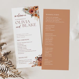 May include: Wedding ceremony program with a floral design in shades of orange, red, and white. The program includes the wedding party, the ceremony order, and a thank you message. The text reads "Welcome to the wedding of Olivia and Blake".