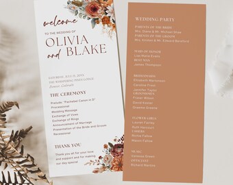 May include: Wedding ceremony program with a floral design in shades of orange, red, and white. The program includes the wedding party, the ceremony order, and a thank you message. The text reads "Welcome to the wedding of Olivia and Blake".