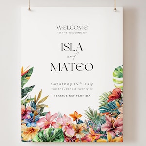 Tropical Wedding Welcome Sign: Beach Floral Decor (Printable Template, Canva Edit)