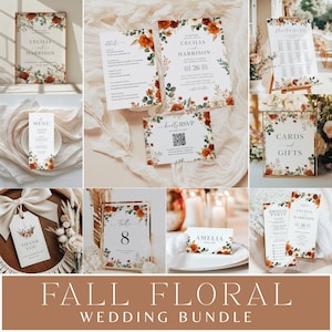 Könnte beinhalten: Eine Sammlung von Hochzeits-Papeterie im Herbst-Thema, darunter Einladungen, Menüs, Tischnummern und Schilder. Die Designs zeigen Blumenarrangements in Orange, Rot und Grün, mit dem Text "CECILIA HARRISON" und "FALL FLORAL WEDDING BUNDLE".