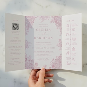 May include: A three-fold wedding invitation in pale pink, adorned with floral patterns and event information. The invitation includes the names Cecilia and Harrison, the date, time, and location, and a QR code for RSVP.