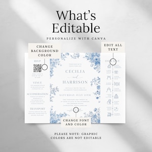 Dusty Blue Gatefold Invitation | Toile de Jouy Gatefold Wedding Invite | Vintage Chinoiserie Trifold Wedding Card | Printable Template | C1 image 5