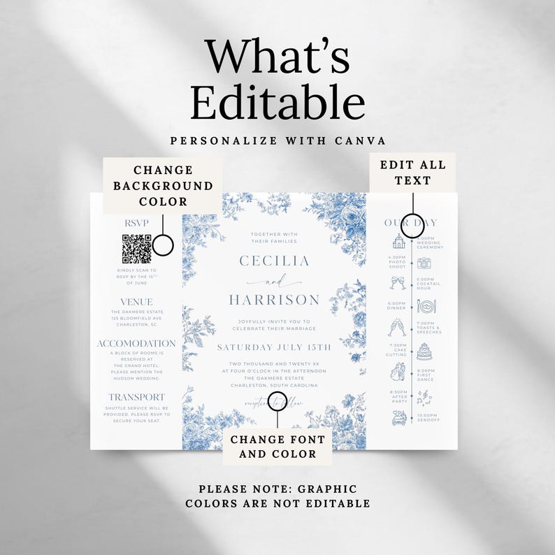 Dusty Blue Gatefold Invitation | Toile de Jouy Gatefold Wedding Invite | Vintage Chinoiserie Trifold Wedding Card | Printable Template | C1 image 5