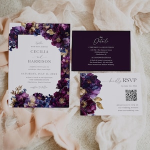 May include: Elegant wedding invitation suite featuring a floral design in shades of purple and gold. The suite includes an invitation, details card, and RSVP card. The invitation text includes the names Cecilia and Harrison, and the date July 15, 20XX.