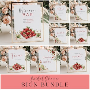 Strawberry Bridal Shower Sign Template Bundle: Berry in Love Decor (Printable Canva Template)