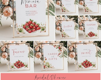 Strawberry Bridal Shower Sign Template Bundle: Berry in Love Decor (Printable Canva Template)