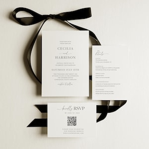 May include: Elegant wedding invitation suite featuring three white cards with black text and a black ribbon. The main card announces the marriage of Cecilia and Harrison on July 15th. The RSVP card includes a QR code. The suite is a classic design.