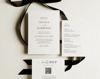 Conjunto de invitaciones de boda minimalistas / Conjunto de invitaciones modernas imprimibles con código QR / Plantillas sencillas para bodas en blanco y negro / C5