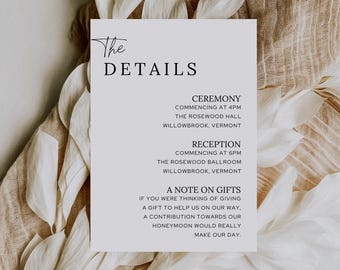Minimalist Wedding Details Card, Editable Wedding Invitation Enclosure, Wedding Information Card Template, Printable Wedding Stationary, AV1