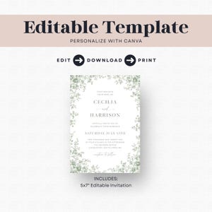 Peut inclure: Une invitation de mariage blanche avec des motifs floraux et les noms "Cecilia et Harrison". Le texte comprend la date, l'heure et le lieu du mariage. L'invitation mesure 12,7 x 17,8 cm et est modifiable.