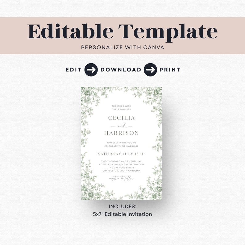 Peut inclure: Une invitation de mariage blanche avec des motifs floraux et les noms "Cecilia et Harrison". Le texte comprend la date, l'heure et le lieu du mariage. L'invitation mesure 12,7 x 17,8 cm et est modifiable.