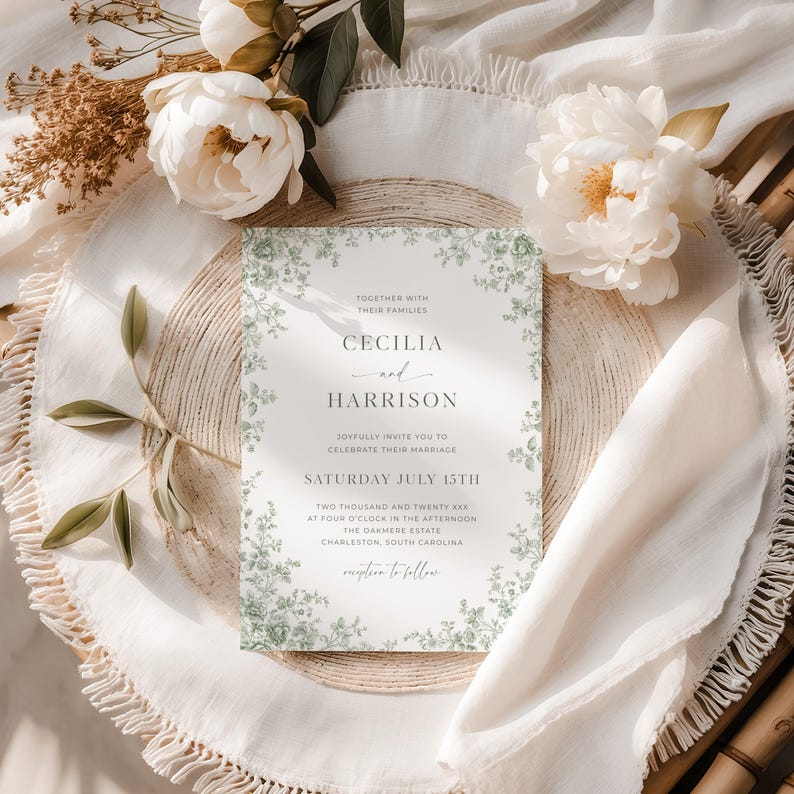 Editable green toile wedding invitation template featuring sage chinoiserie floral design, vintage French toile de Jouy pattern, and traditional elegant wedding card style