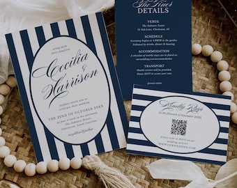 Old Money Wedding Invitation Suite | Retro Navy and White Stripe Invite Set | Vintage RSVP Invite Bundle | Printable Template | C26