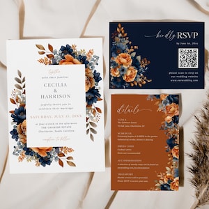 May include: Elegant wedding invitation suite featuring a main invitation, RSVP card, and details card. The design includes floral arrangements in navy blue, orange, and brown. The main invitation includes the names Cecilia & Harrison and event details.