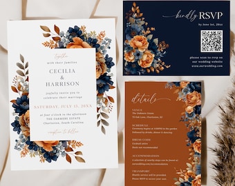 Könnte beinhalten: Ein Hochzeitseinladungs-Set bestehend aus einer weißen Einladung, einer dunkelblauen RSVP-Karte mit QR-Code und einer rostorangen Detailkarte. Alle Karten sind mit Aquarellillustrationen von dunkelblauen und orangen Blumen verziert.