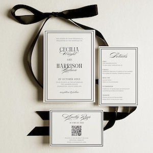 May include: A sophisticated wedding invitation set with a black ribbon. The main card displays the names Cecilia Wright and Harrison Hudson, date, time, and venue. Additional cards provide details and RSVP information.