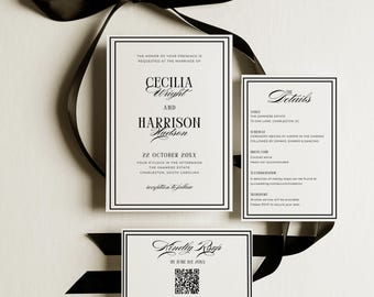 Classic Old Money Wedding Invitation Suite, Minimalist Vintage Invite Set with QR Code, Elegant Black and White Wedding Bundle Template, C21
