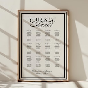 May include: A framed seating chart with the words "YOUR SEAT Awaits" in elegant script. The chart lists names under table numbers, with the names "Cecilia and Harrison" and the date "22nd of October 20XX" at the bottom.