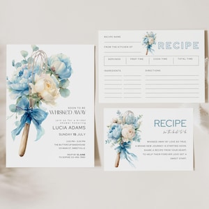 Blauwe weggezwaaide vrijgezellenfeestuitnodiging met receptenkaart, bloemen bruidsuitnodiging, Stock the Kitchen-bundel, kookthemasjabloon, WH4