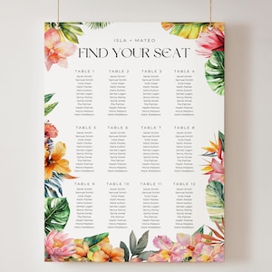 Stoelindeling tropische bloem, bestemming bruiloft plattegrond, exotische bruiloft tafelschikking, bewerkbaar Find Your Seat-poster, I01