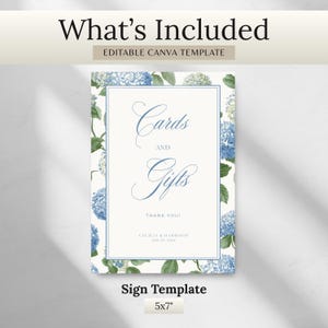 Elegant blue hydrangea wedding bar menu sign featuring soft blue hydrangea florals and greenery surrounding a classic framed drink menu layout. Floral bar menu sign designed for wedding receptions, garden weddings, and elegant outdoor celebrations. Editable and printable Canva template perfect for hydrangea themed weddings, blue floral wedding decor, signature drink menus, and sophisticated wedding bar signage.