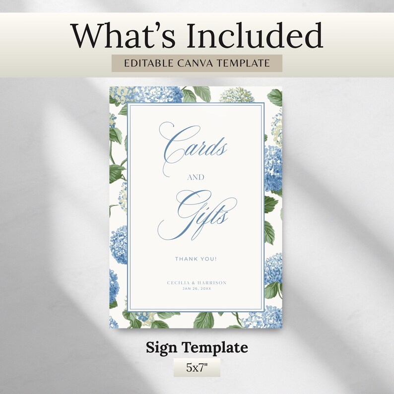 Elegant blue hydrangea wedding bar menu sign featuring soft blue hydrangea florals and greenery surrounding a classic framed drink menu layout. Floral bar menu sign designed for wedding receptions, garden weddings, and elegant outdoor celebrations. Editable and printable Canva template perfect for hydrangea themed weddings, blue floral wedding decor, signature drink menus, and sophisticated wedding bar signage.