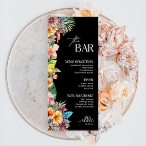 Tropische Bar Menü Vorlage, druckbare Hochzeit Getränkekarte, bunte Blumen Cocktailkarte, Ziel Hochzeit Getränkekarte, Strandhochzeit, I01