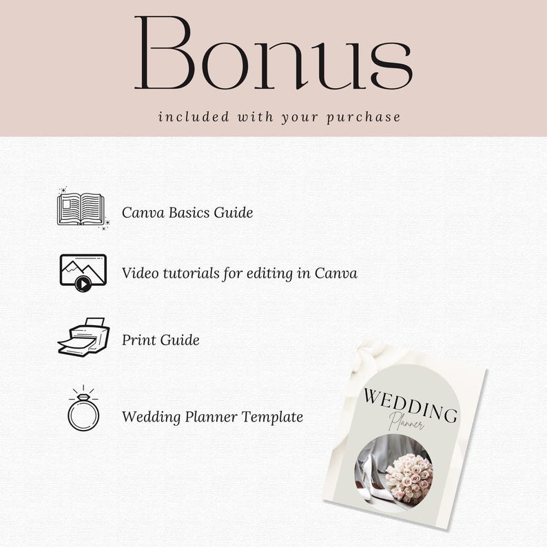 May include: A digital wedding planner template with bonus Canva guides and video tutorials. The image features the word "Bonus" at the top, followed by a list of included items, and a sample wedding planner design with the words "Wedding Planner".