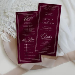 Swan Wedding Program | Burgundy Old Money Order of Service Card | Elegant Red Ceremony Program | Luxury Wedding Program Template | C51