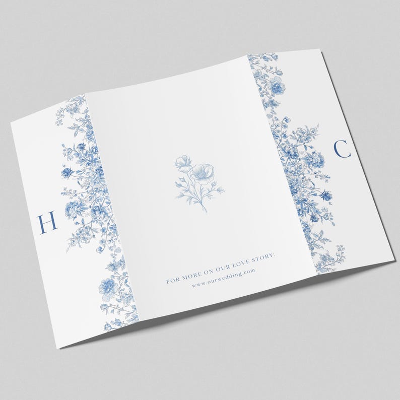 Dusty Blue Gatefold Invitation | Toile de Jouy Gatefold Wedding Invite | Vintage Chinoiserie Trifold Wedding Card | Printable Template | C1 image 3
