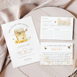 Elle a trouvé son lot de douche nuptiale au miel, carte de demande de recette de mariée aux abeilles, modèles modifiables sur le thème des abeilles, décoration de mariée bohème imprimable, HB01