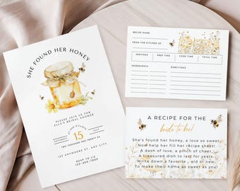 Ze vond haar honing-vrijgezellenfeestbundel, bruid-tot-bijen-receptverzoekkaart, bewerkbare bijenthema-sjablonen, afdrukbaar boho-bruidsdecor, HB01