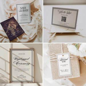 Old money wedding bundle featuring editable printable Canva templates for invitations, signs, programs, menus, table numbers, favor tags, welcome signs, seating charts, RSVP, details card, and thank-you card. Classic vintage-inspired layout with elegant typography in a timeless neutral palette.
