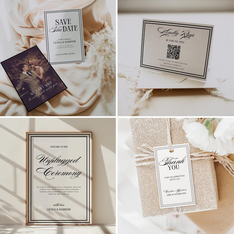 Old money wedding bundle featuring editable printable Canva templates for invitations, signs, programs, menus, table numbers, favor tags, welcome signs, seating charts, RSVP, details card, and thank-you card. Classic vintage-inspired layout with elegant typography in a timeless neutral palette.