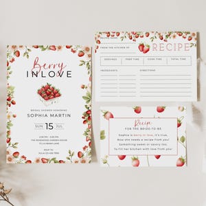 Berry in Love bruids douchebundel, Berry Sweet Receptverzoekkaart, bewerkbare aardbei uitnodigingssjabloon, afdrukbaar Berry Bridal Decor, B01